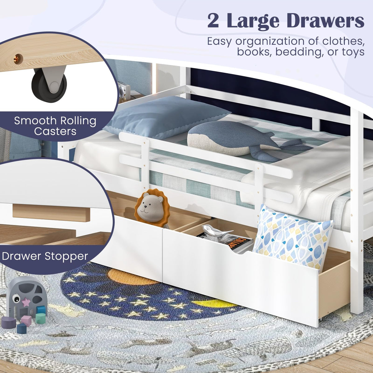 Goflame Twin House Bed with Tent, Wood Kids Bed with 2 Storage Drawers, Solid Wood Daybed Frame with Rails and Roof