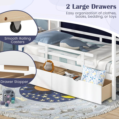 Goflame Twin House Bed with Tent, Wood Kids Bed with 2 Storage Drawers, Solid Wood Daybed Frame with Rails and Roof