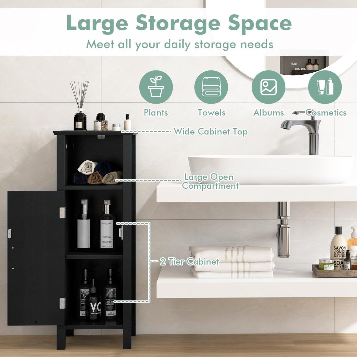 Goflame Narrow Bathroom Storage Cabinet - Corner Unit with Open Compartment, Adjustable Shelf