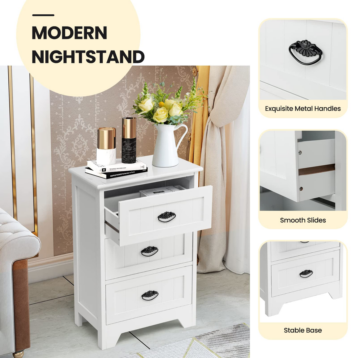 Goflame Nightstand with 3 Drawers, Bedside Table