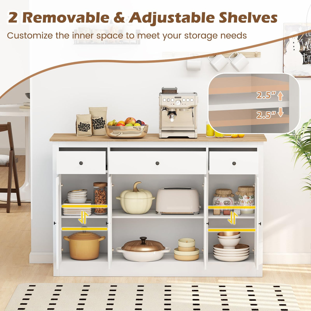 Goflame 55" Large Buffet Sideboard with 3 Drawers & 2 See-Through Doors