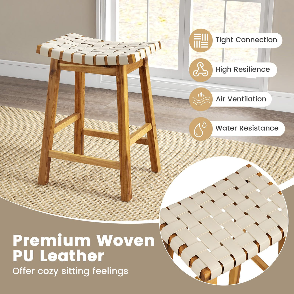 Goflame 25.5/31" Woven Bar Stools Set of 2/4, Faux PU Leather Counter Height Saddle Stools with Woven Curved Seat