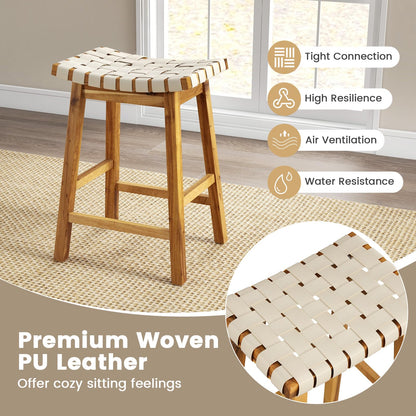 Goflame 25.5/31" Woven Bar Stools Set of 2/4, Faux PU Leather Counter Height Saddle Stools with Woven Curved Seat