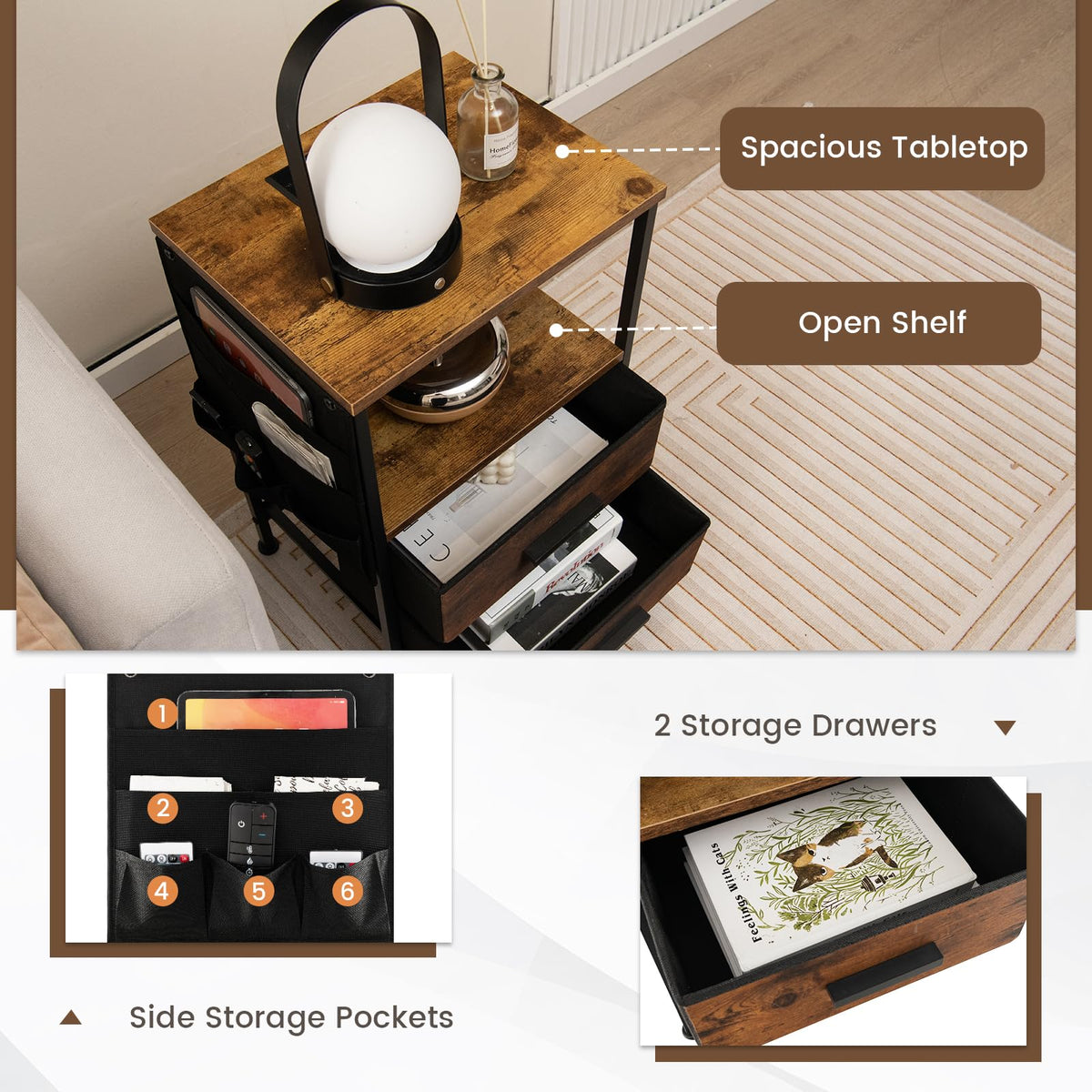 Goflame Nightstand with Charging Station, Industrial Bedside Table with 2 Fabric Drawers & 6 Storage Pockets
