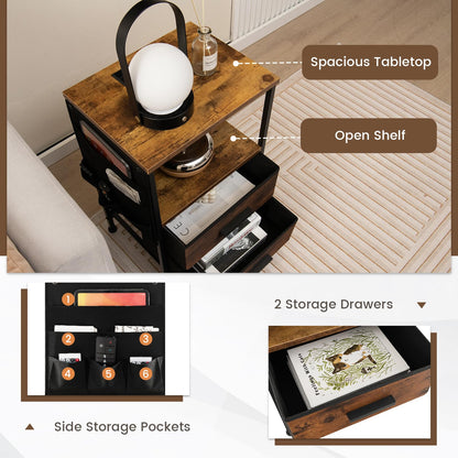 Goflame Nightstand with Charging Station, Industrial Bedside Table with 2 Fabric Drawers & 6 Storage Pockets