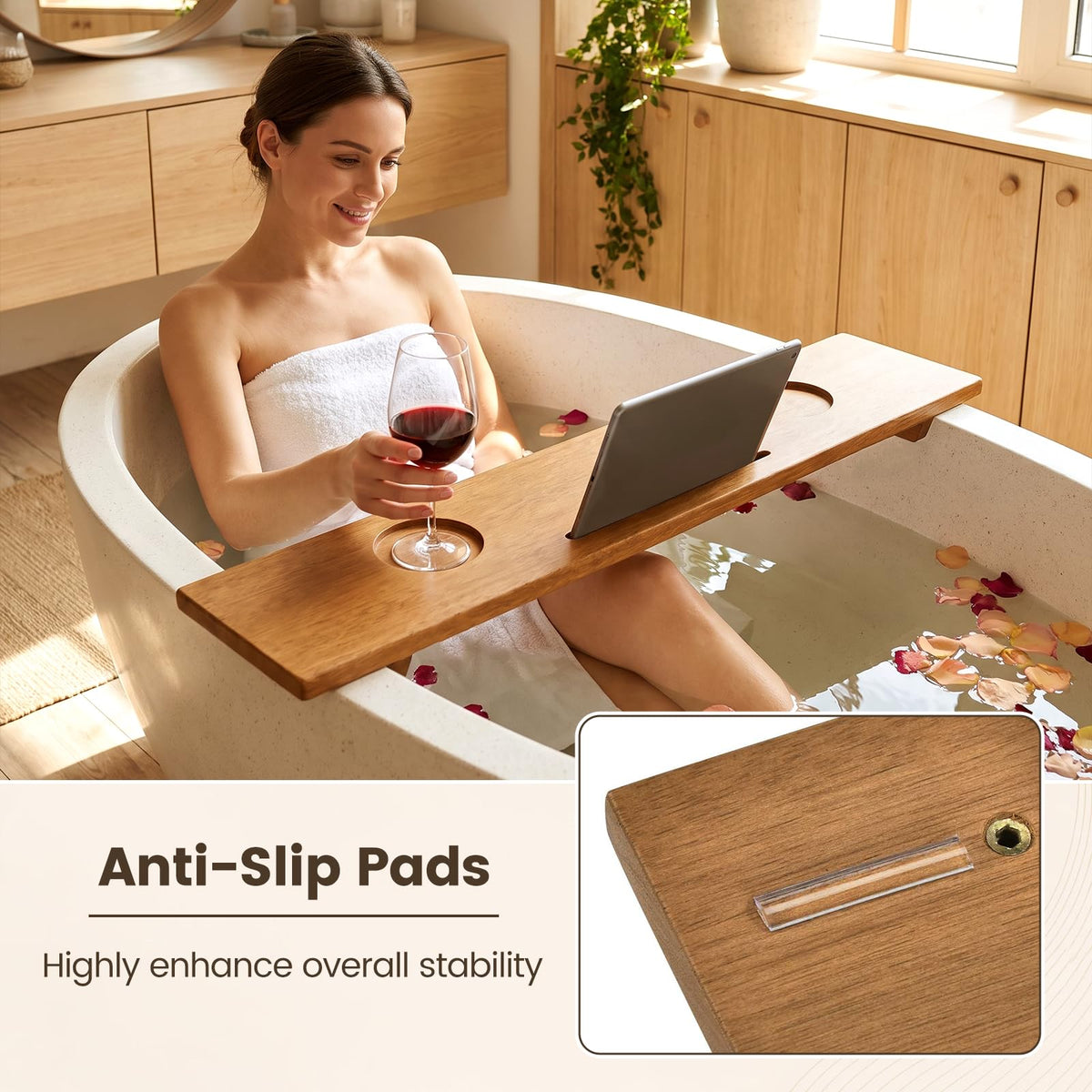GOFLAME 35" Wood Bathtub Tray with Slots, Adjustable Width