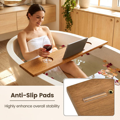 GOFLAME 35" Wood Bathtub Tray with Slots, Adjustable Width