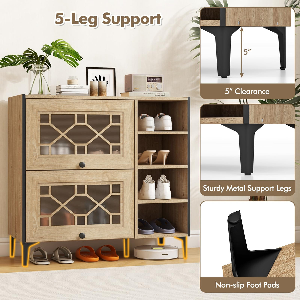 Goflame Shoe Cabinet with Flip & Slide Doors, Shoe Storage Cabinet with Adjustable Cube Shelves(Decorative Doors)