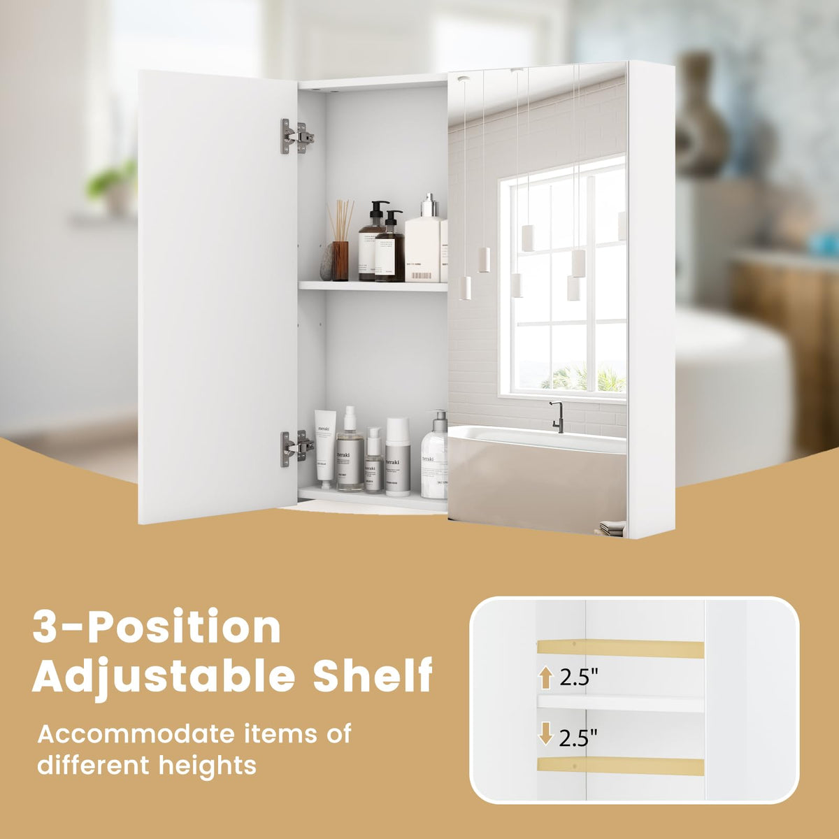 Goflame Medicine Cabinet, 24.5" x 25.5" Bathroom Wall Cabinet with 2 Mirror Door