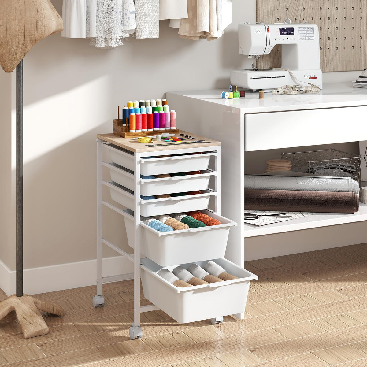 Goflame 5-Drawer Rolling Storage Cart Mobile Utility Organizer with Wooden Tabletop and Lockable Wheels