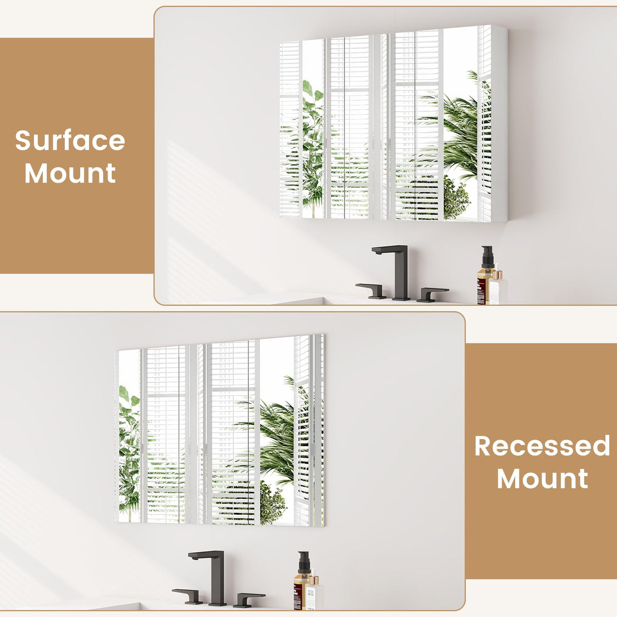 Goflame Wall Mounted Medicine Cabinet with 3 Frameless Mirrored Doors & Mounting Hardware