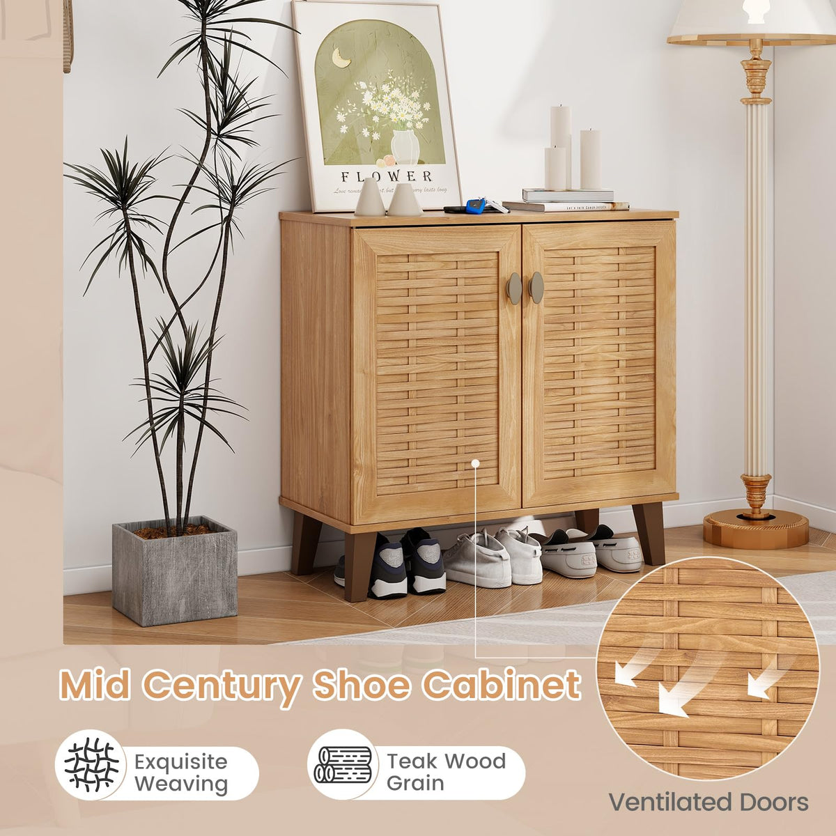 Goflame Shoe Cabinet with Doors, 4-Tier Farmhouse Shoe Storage Cabinet with 3 Adjustable Shelves
