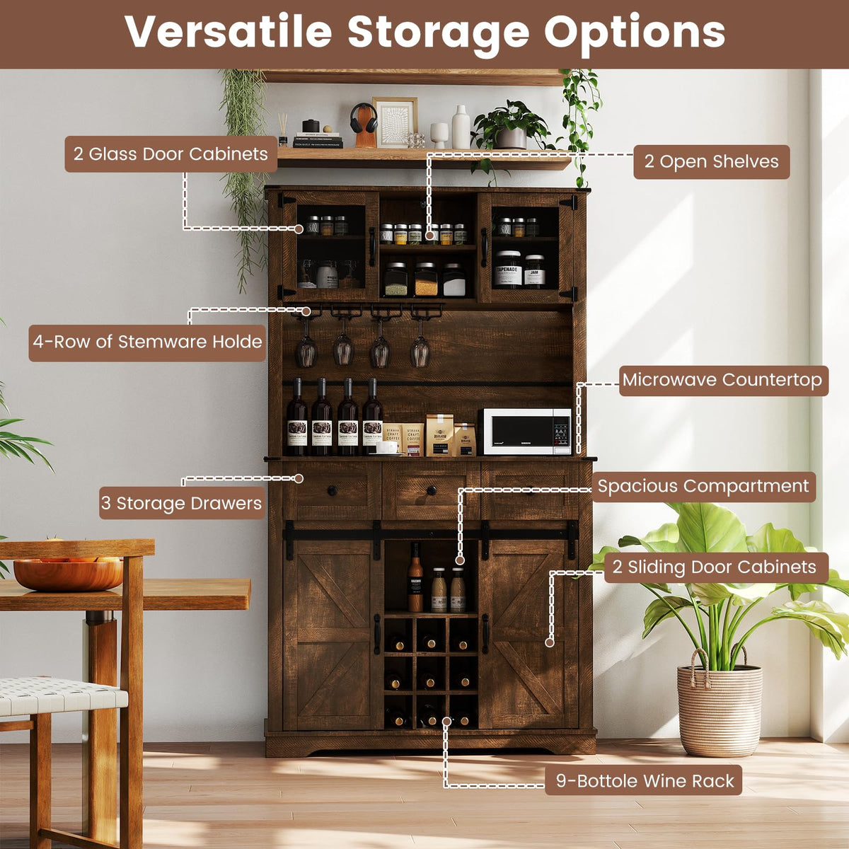 Goflame 72" Farmhouse Coffee Bar Cabinet w/Glass Doors & Wine Racks