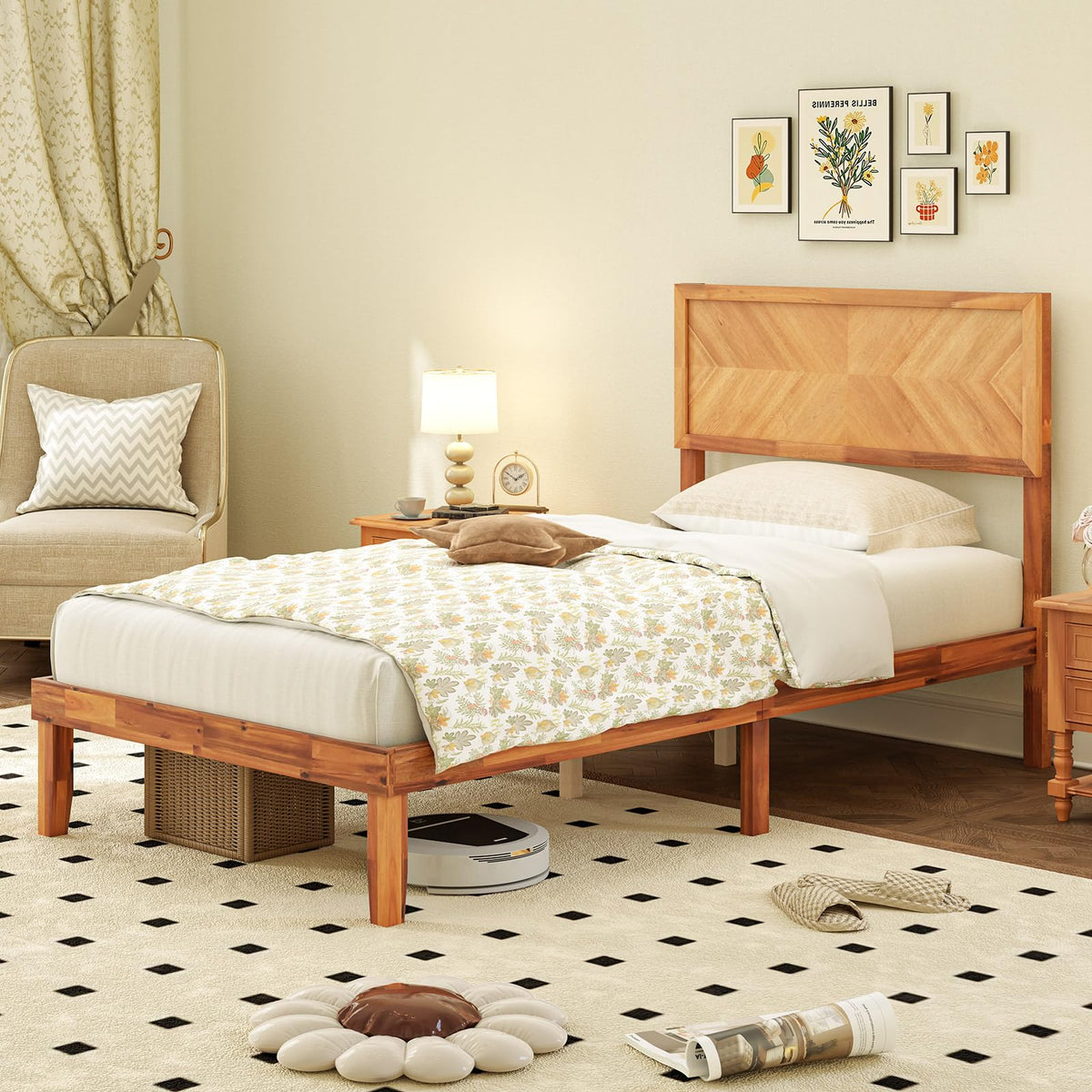 Goflame Wood Twin Bed/Full Size Bed/Queen Bed Frames with Headboard, Solid Acacia Wood Platform Bed with 12 Strong Wooden Slat Support