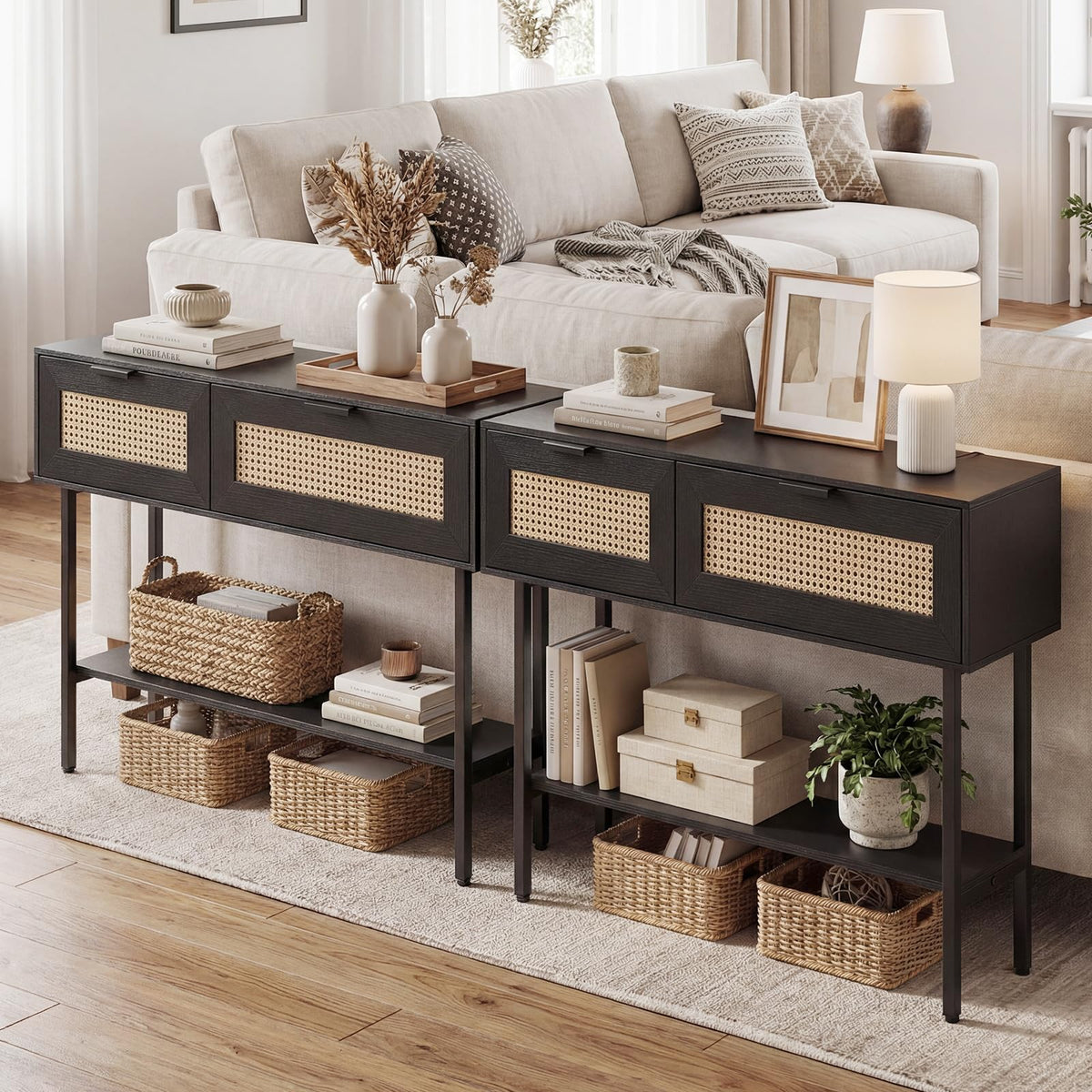Goflame Rattan Console Table Boho Entryway Table with 2 Storage Cabinets