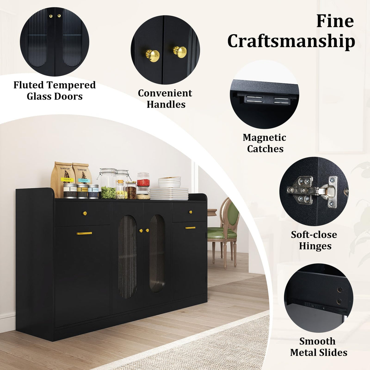 Goflame 55" Farmhouse Buffet Cabinet w/Hidden Tilt Out Trash Can