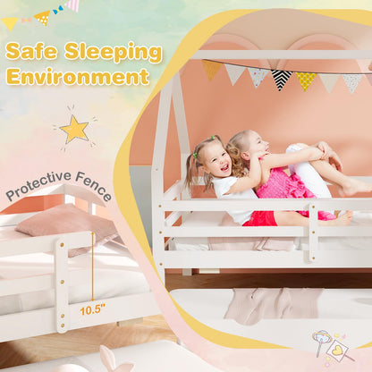 Goflame Twin House Bed with Trundle, Wood Kids Bed Frame with Roof & Fence Rails