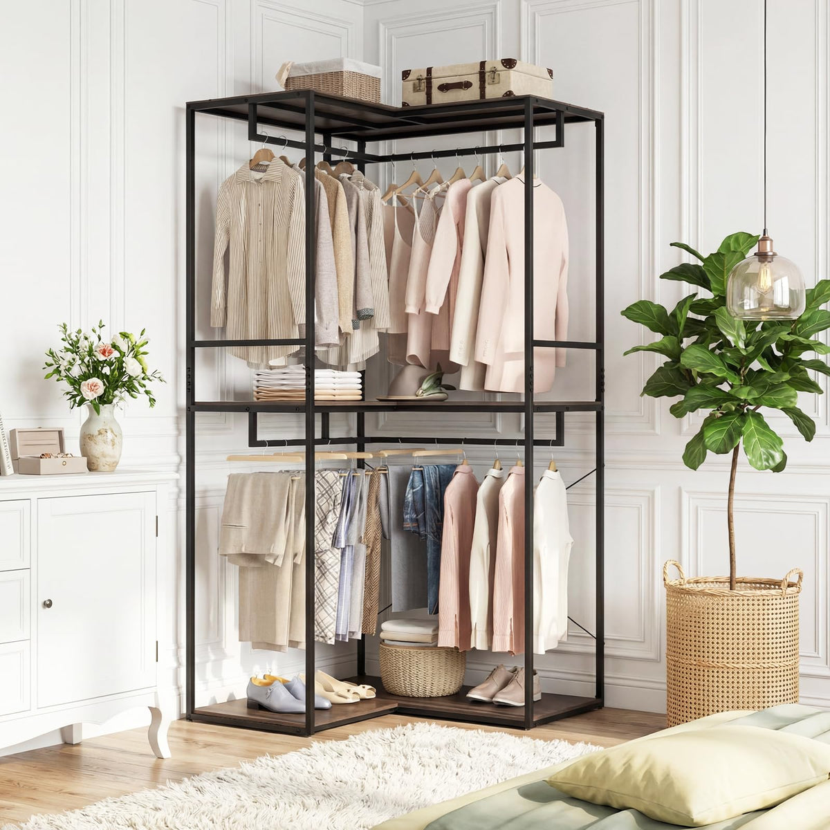Goflame Heavy Duty Clothes Rack | 3-Tier L-Shaped Garment Rack w/3 Open Shelves & 2 Hanging Racks