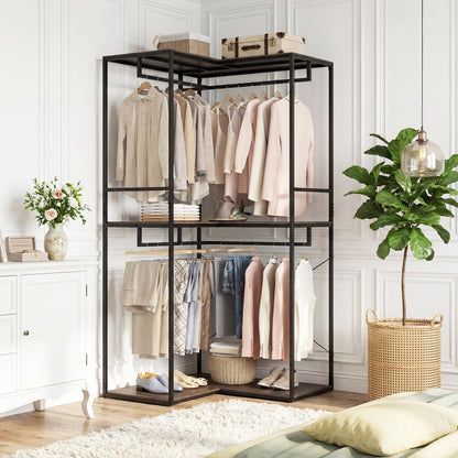 Goflame Heavy Duty Clothes Rack | 3-Tier L-Shaped Garment Rack w/3 Open Shelves & 2 Hanging Racks