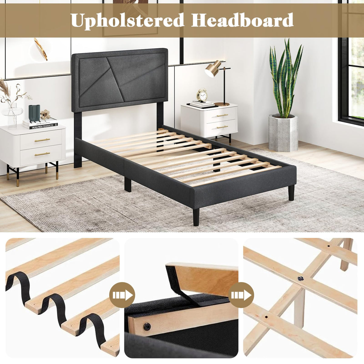 Modern Queen/Full/Twin Size Upholstered Platform Bed Frame with Geometric Tufting Headboard