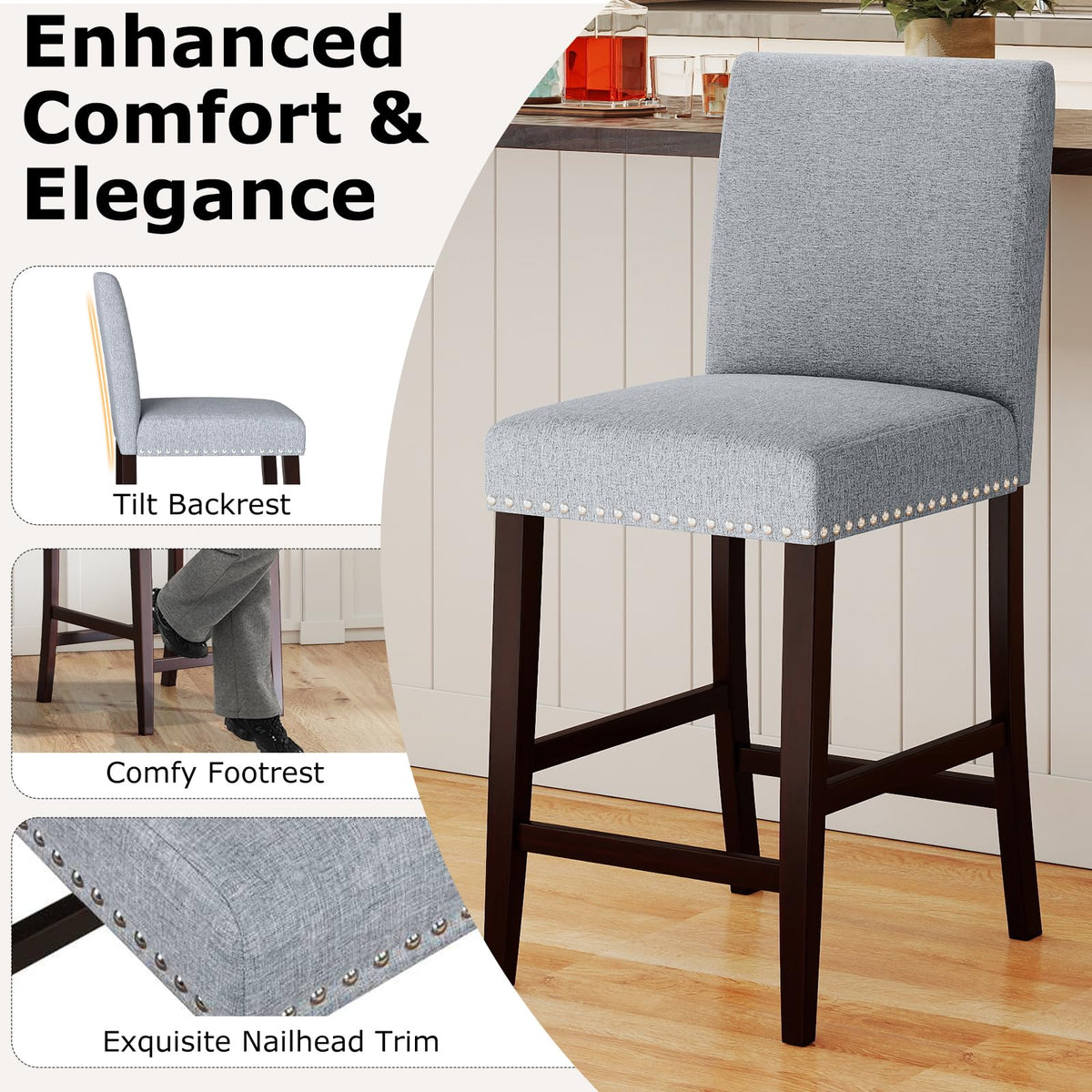 Goflame Modern Bar Stools Set of 2/4 26" Upholstered Counter Height Bar Stools w/Tilt Backrest