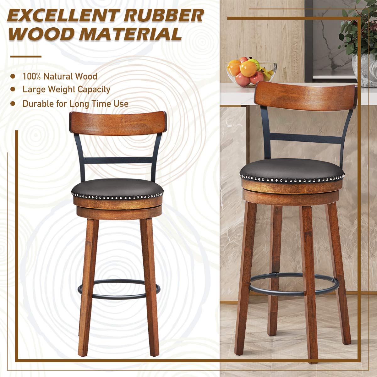 360-Degree Swivel Stools with Leather Padded Seat, Single Slat Ladder Back & Solid Rubber Wood Legs