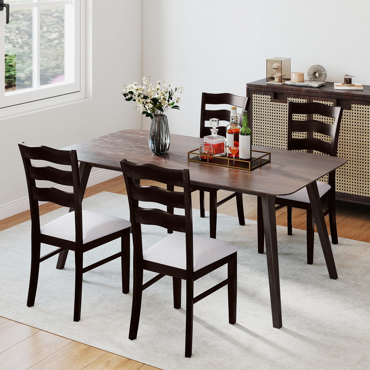 Goflame Wooden Dining Chairs Set of 2/4 with Rubber Wood Legs Fabric Padded Seat Wavy Ladder Back