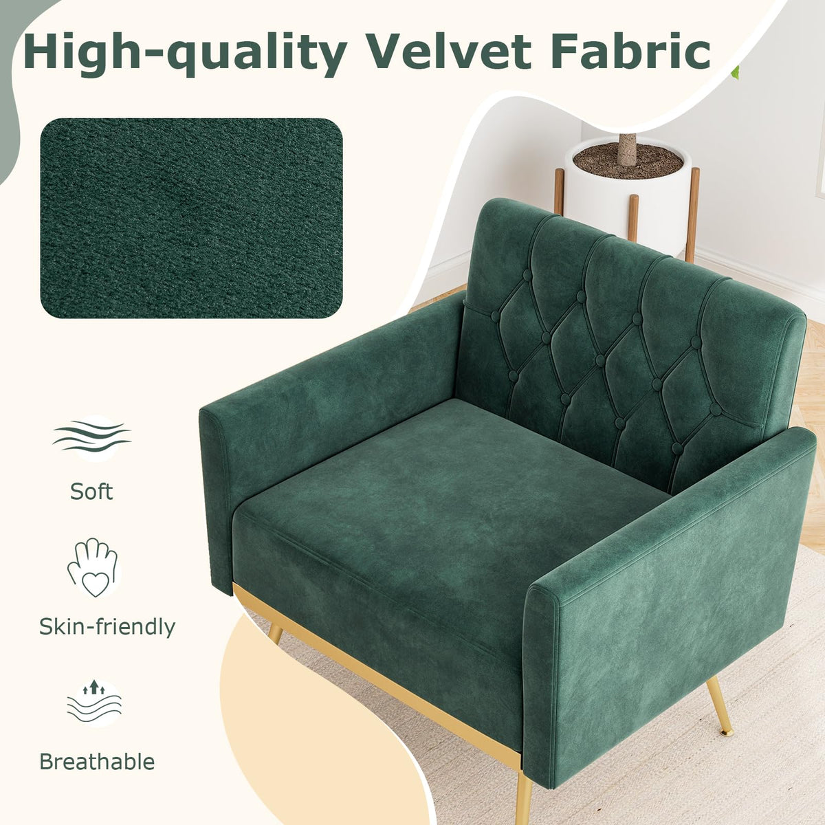 Goflame Modern Velvet Accent Chair Set of 1/2, Mid-Century Upholstered Single Sofa Chair w/Button Tufted Back