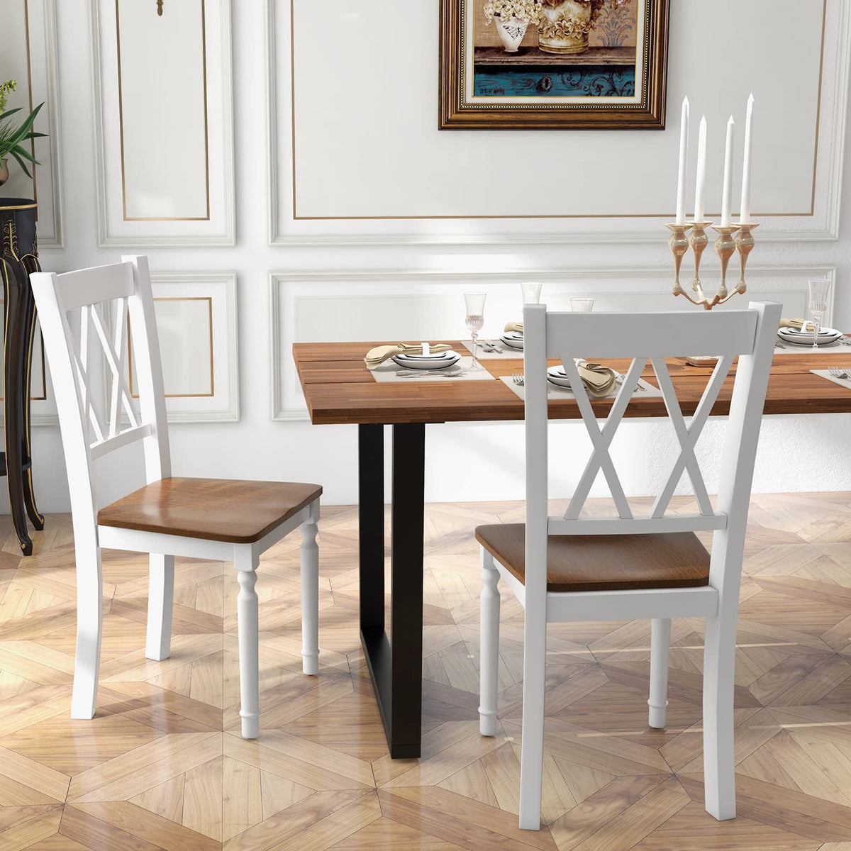 Goflame Dining Room Chairs Set of 4 White - Wooden Farmhouse Kitchen Chairs with Rubber Wood Seat