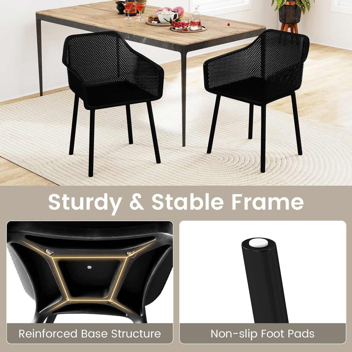 Goflame Plastic Dining Chairs Set of 2/4 Black Kitchen Armchair w/Breathable Mesh Backrest