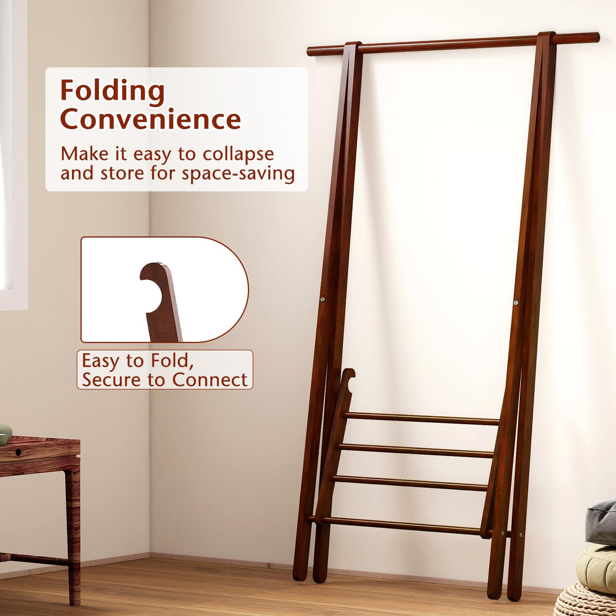 Goflame Folding Rubber Wood Clothes Hanging Rack Standing Garment Rack with Bottom Storage Shelf