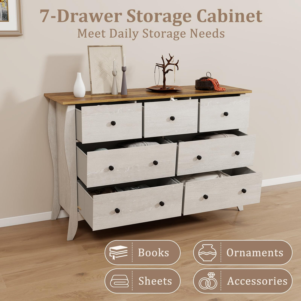 Goflame Storage Cabinet with Foldable & Detachable Fabric Drawers, Anti-Tipping Kit, 47” x 15” x 30.5” Farmhouse Floor Cabinet