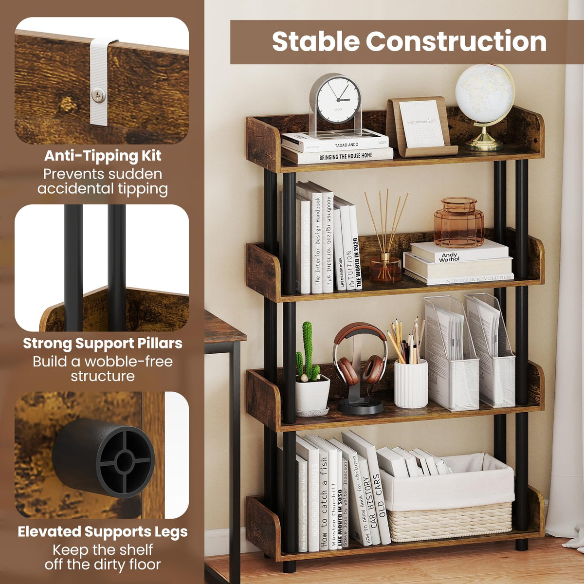 Goflame 4-Tier Freestanding Bookcase with Anti-Tipping Kit | 4 Shelf Bookcase for Living Room Bedroom Study