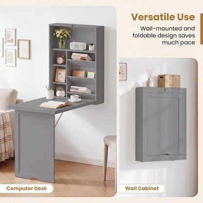 Goflame Wall Mounted Desk | Foldable Convertible Computer Desk with Storage Shelves