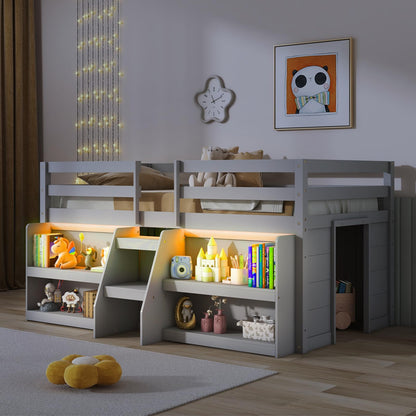 Goflame Low Loft Bed with LED Lights, Wooden Twin Loft Bed with Stairs & Safety Guardrail