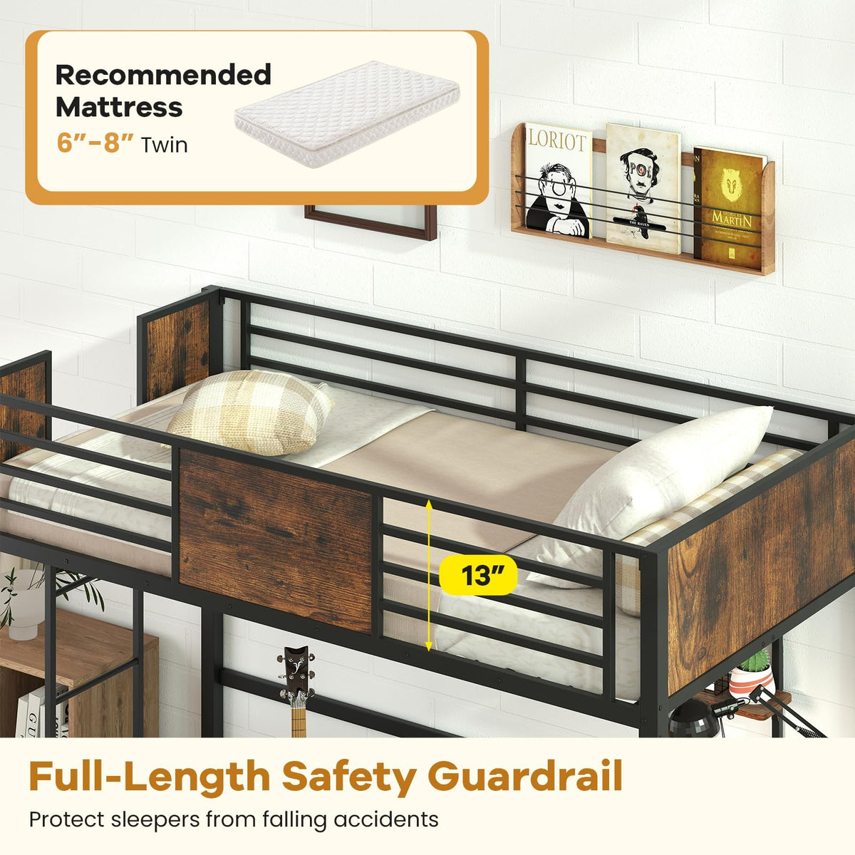 Goflame Twin Loft Bed with Desk - Heavy-Duty Metal Bed Frame w/Safety Guardrail
