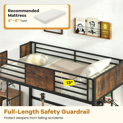 Goflame Twin Loft Bed with Desk - Heavy-Duty Metal Bed Frame w/Safety Guardrail