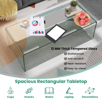 Goflame 42 x 19.7 Inch Clear Tempered Glass Coffee Table with Rounded Edges