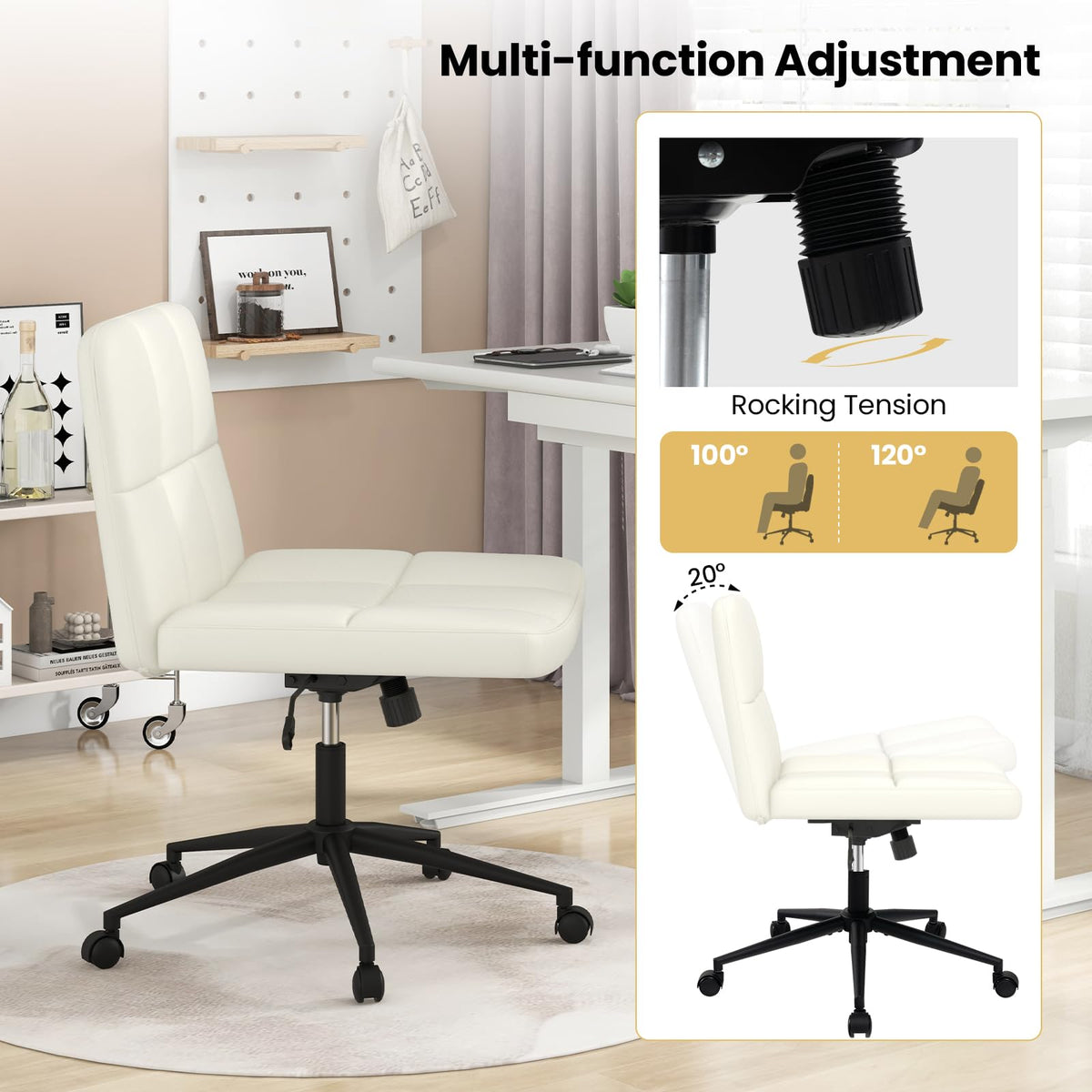Goflame Criss Cross Chair with Wheels, PU Leather Cross Legged Office Chair, Height-adjustable Swivel Vanity Chair