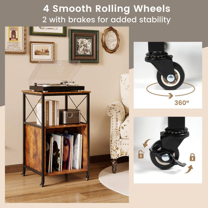Goflame Record Player Stand with Charging Station Rolling 3-Tier Turntable Stand