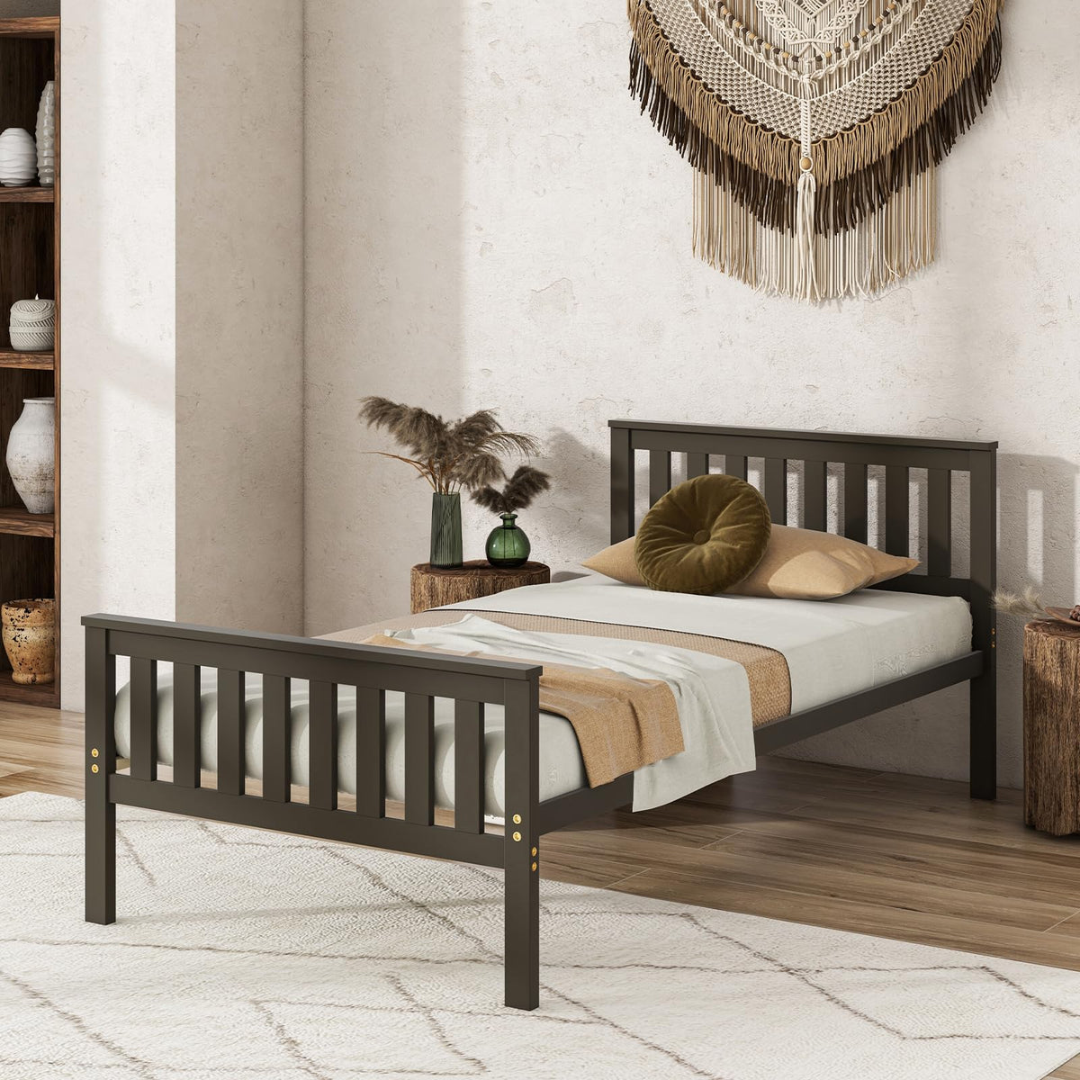 Goflame Queen/Full/Twin Size Wood Bed Frames with Headboard, Mid Century Platform Bed with Wooden Slats Support