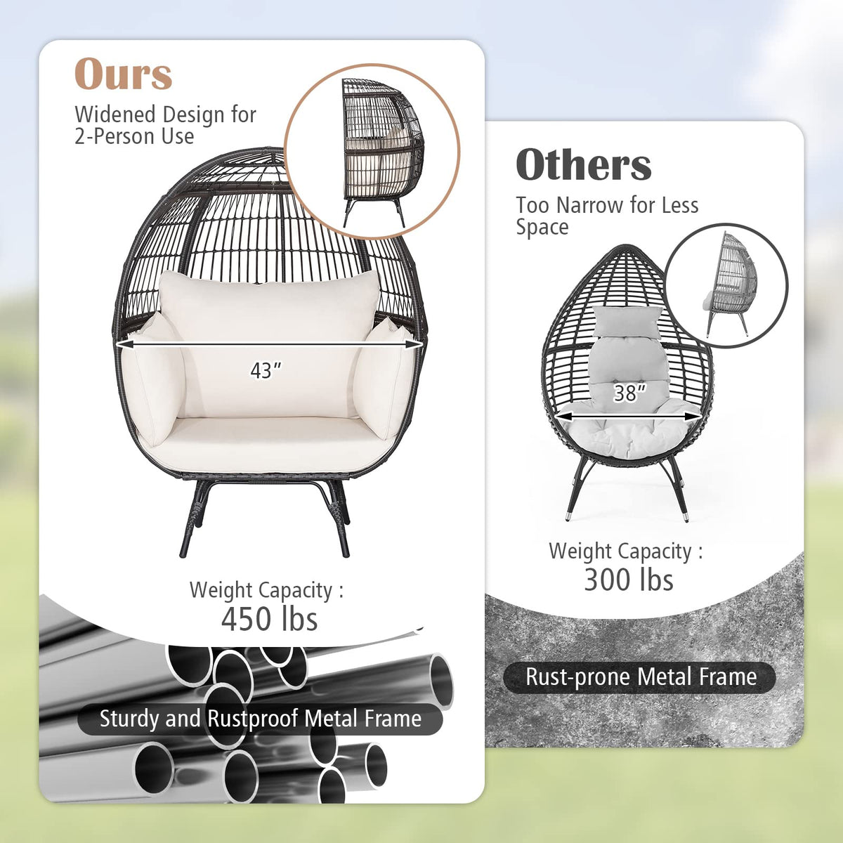Goflame PE Rattan Egg Chair - Oversized Hammock Chair with Thick Cushions & Sturdy Metal Frame