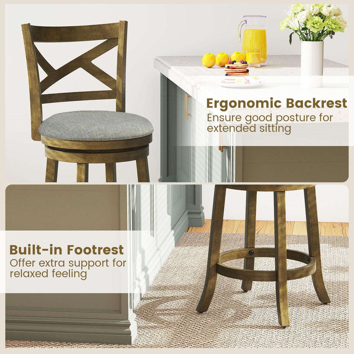 Goflame Wood Swivel Bar Stools Set of 2/4 with Backrests and Wood Frame