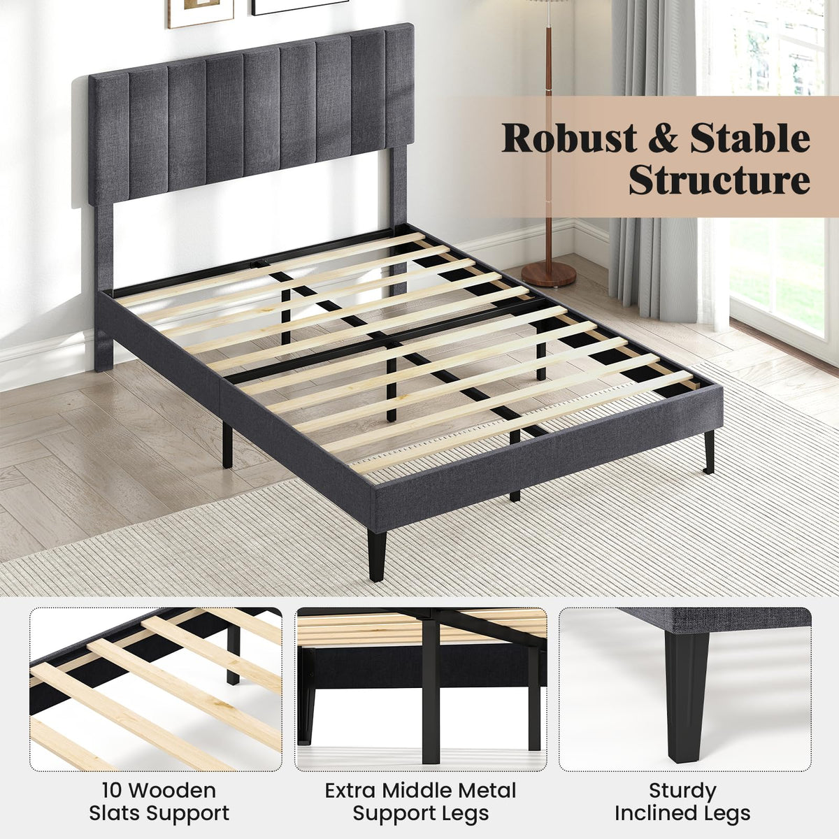 Goflame Queen/Full/Twin Size Upholstered Bed Frame Platform Bed with Height Adjustable Vertical Channel Headboard