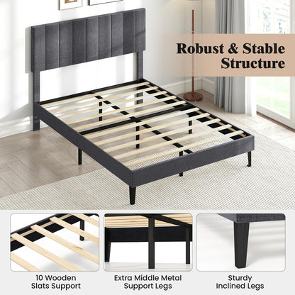 Goflame Queen/Full/Twin Size Upholstered Bed Frame Platform Bed with Height Adjustable Vertical Channel Headboard
