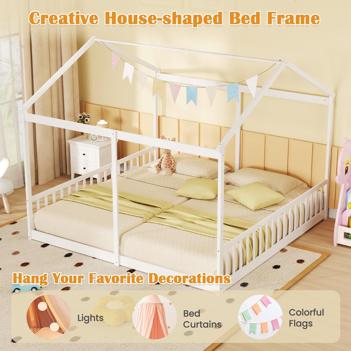 Goflame Double Twin Floor Beds for 2 Kids, Wood Twin Size House Beds with Safety Guardrails, White