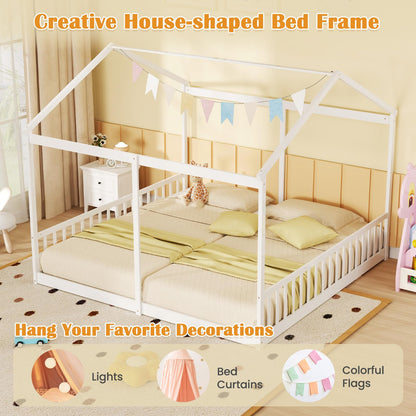 Goflame Double Twin Floor Beds for 2 Kids, Wood Twin Size House Beds with Safety Guardrails, White