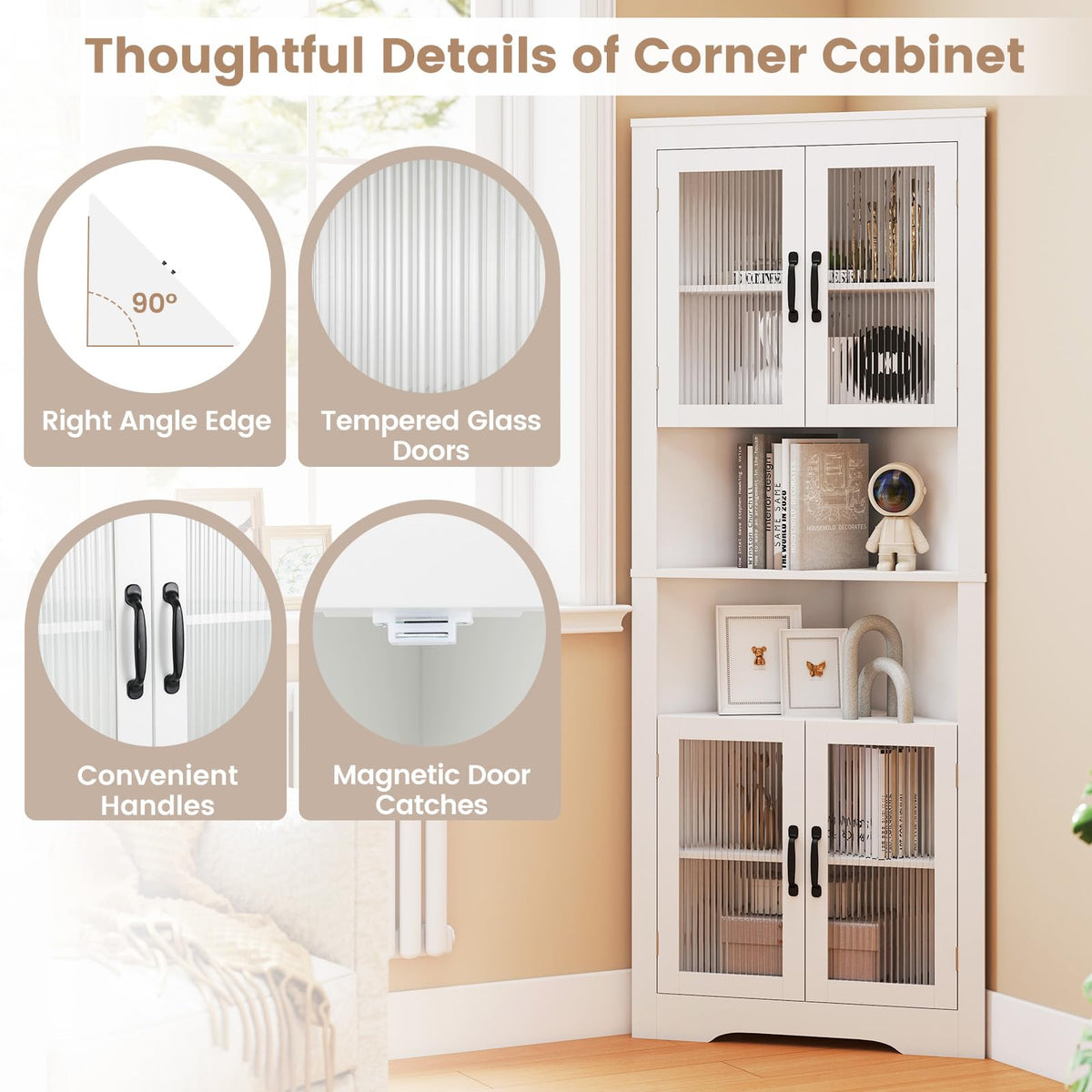 Goflame 67" Tall Corner Cabinet Space-Saving Triangular Storage Cabinet w/ 4 Tempered Glass Doors