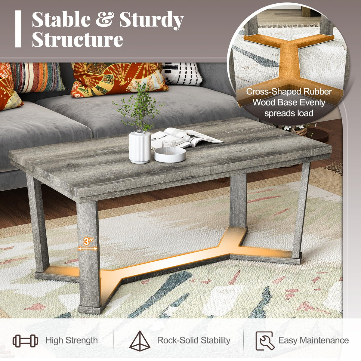 Goflame Farmhouse Wood Coffee Table with Cross-Shaped Base & Rubber Wood Frame
