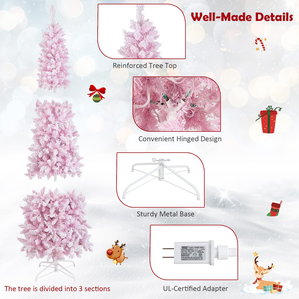 Goflame 7ft Pre-Lit Pencil Christmas Tree, Snow Flocked Artificial Slim Tree with 800 Branch Tips - GoflameUS